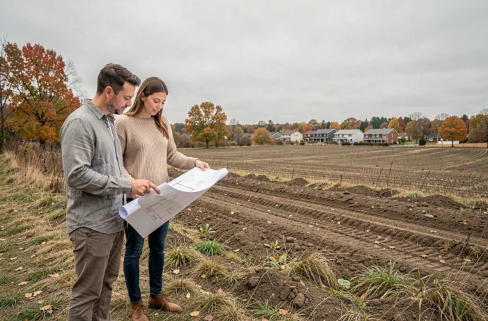 Couple examinant un terrain constructible avec un plan architectural lors d'un projet d'investissement foncier