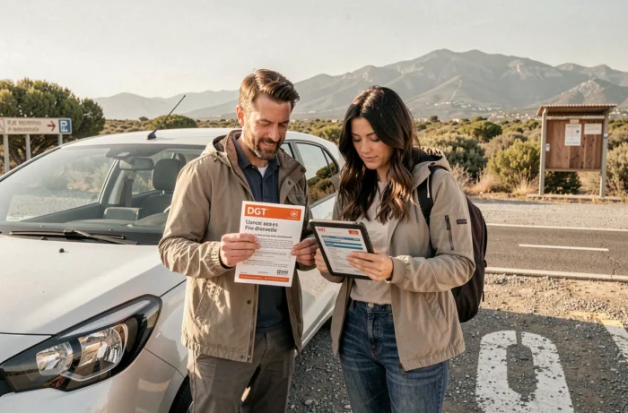 Couple de touristes francophones gérant une amende DGT au bord d'une route espagnole