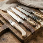 Couteaux Laguiole authentiques aux manches en corne disposés sur une planche en bois rustique, détail des lames gravées