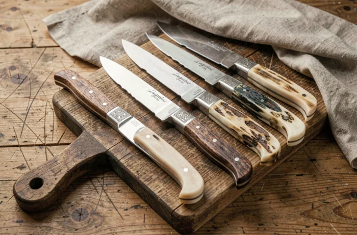 Couteaux Laguiole authentiques aux manches en corne disposés sur une planche en bois rustique, détail des lames gravées