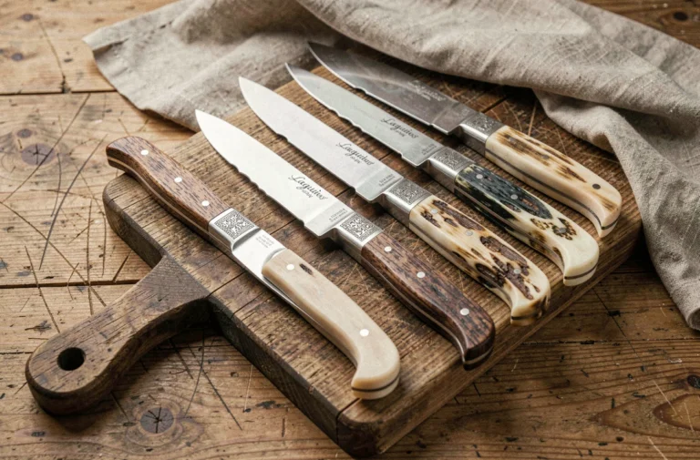 Couteaux Laguiole authentiques aux manches en corne disposés sur une planche en bois rustique, détail des lames gravées