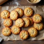 Recette de craquelin breton maison disposé sur du papier parchemin avec un rouleau à pâtisserie et une coupe de pâte sur une table en bois rustique