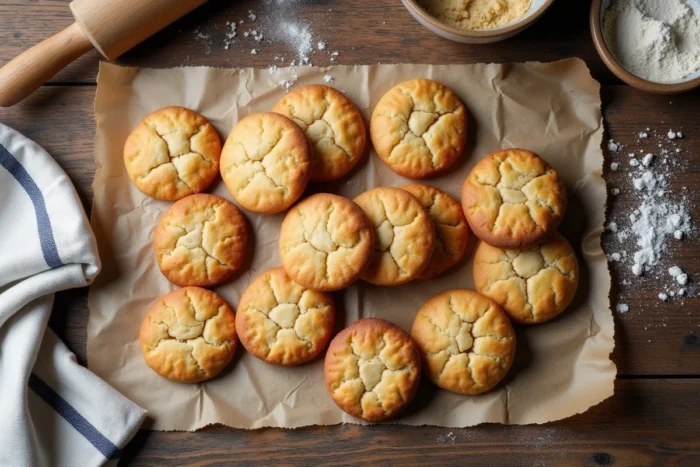 Recette de craquelin breton maison disposé sur du papier parchemin avec un rouleau à pâtisserie et une coupe de pâte sur une table en bois rustique