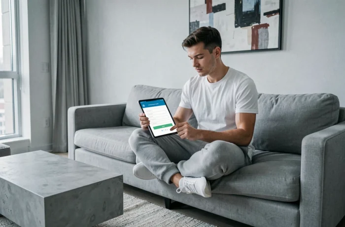 Jeune homme créant un compte sécurisé sur une tablette dans un salon moderne et minimaliste
