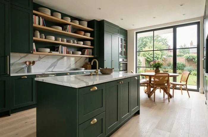 Cuisine ouverte moderne avec armoires vert forêt, plan de travail en marbre blanc et table ronde en bois