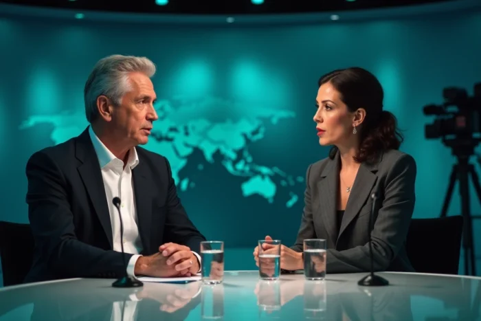 Deux journalistes politiques assis à une table de débat télévisé dans un studio professionnel