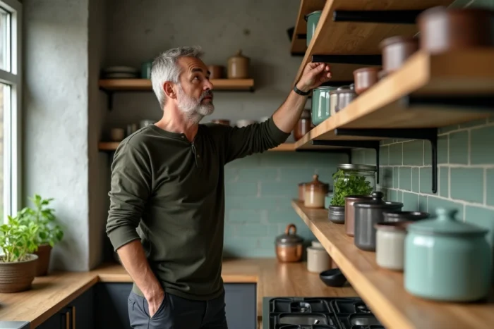Homme décorant des étagères en chêne ouvertes dans une cuisine rénovée avec mur en béton brut, carrelage métro vert sauge et accessoires en céramique artisanale