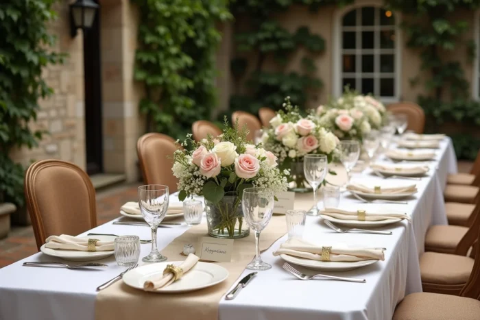 Décoration de table de mariage en plein air dans un manoir français, style éditorial élégant avec roses et linge en lin