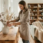 Femme arrangeant une décoration florale dans un salon scandinave épuré aux tons naturels et matières nobles