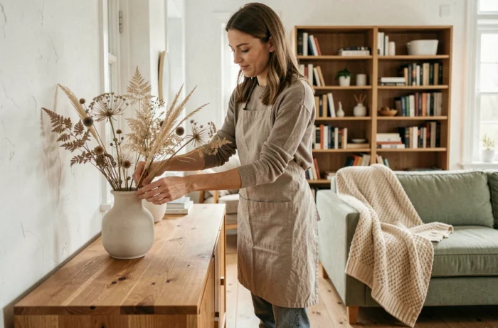 Femme arrangeant une décoration florale dans un salon scandinave épuré aux tons naturels et matières nobles