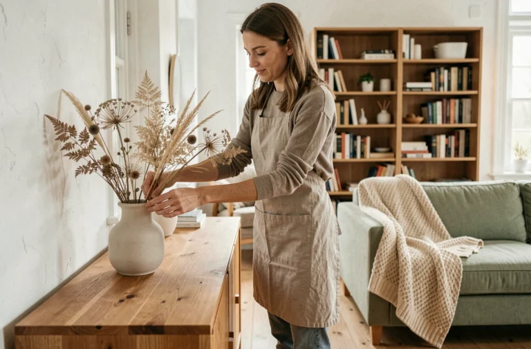 Femme arrangeant une décoration florale dans un salon scandinave épuré aux tons naturels et matières nobles