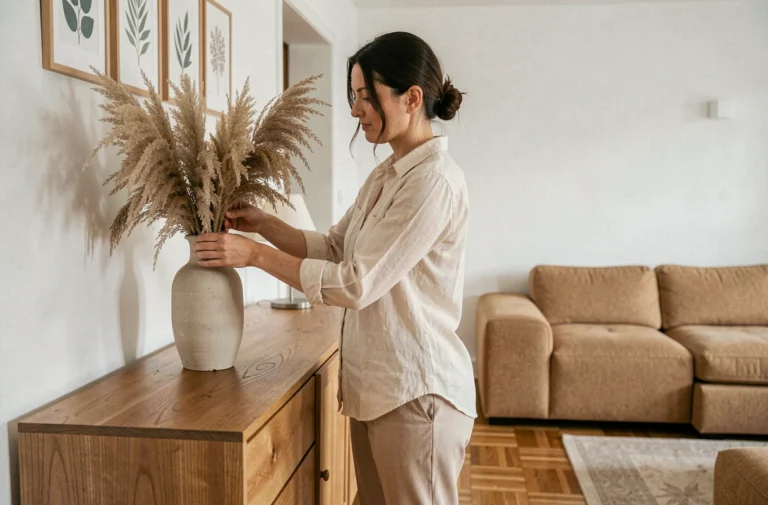 Femme arrangeant un bouquet de pampa dans un vase en céramique dans un salon scandinave épuré
