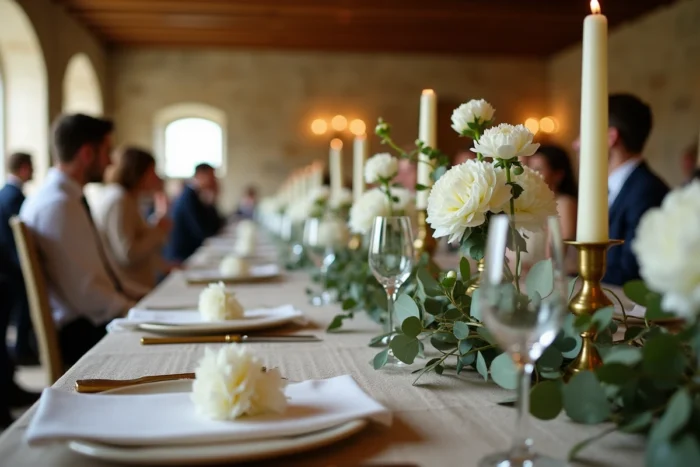 Table de mariage décorée dans un château français avec pivoines blanches, bougies et verrerie dorée