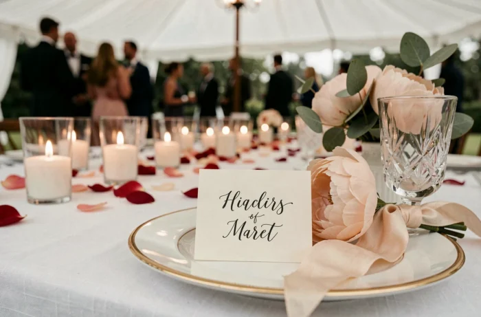 Détail de décoration de table de mariage avec carton de place calligraphié, pivoines roses et verre en cristal sur nappe blanche