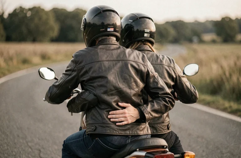 Deux personnes légalement assises sur une moto sans side-car sur une route de campagne