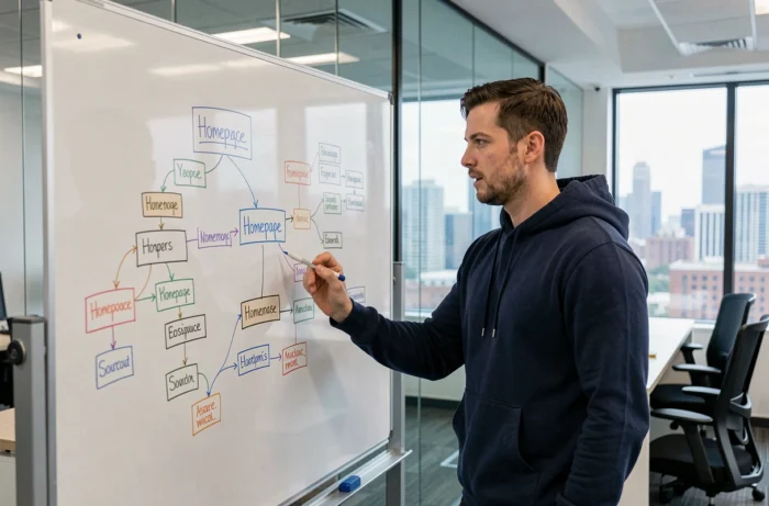 Un développeur web présente un sitemap hiérarchique dessiné sur un tableau en verre dans un bureau de startup technologique