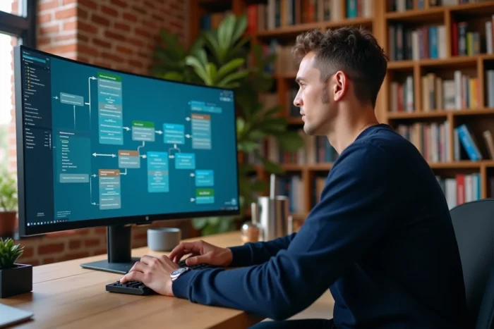 Développeur web analysant la structure d'arborescence d'un site sur son écran d'ordinateur dans un bureau à domicile