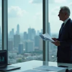 Homme d'affaires en costume sombre analysant des documents financiers dans une salle de réunion moderne avec vue sur la ville