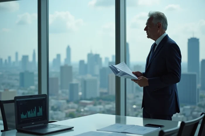 Homme d'affaires en costume sombre analysant des documents financiers dans une salle de réunion moderne avec vue sur la ville