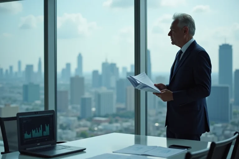 Homme d'affaires en costume sombre analysant des documents financiers dans une salle de réunion moderne avec vue sur la ville