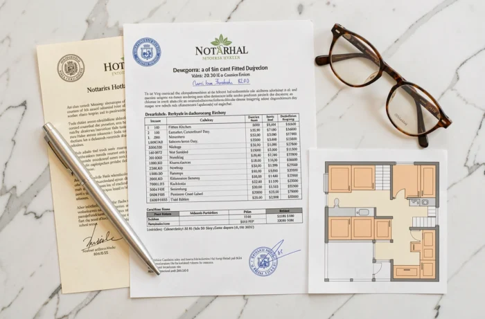 Vue aérienne de documents notariaux et d'une facture de cuisine équipée pour déduction des frais d'achat