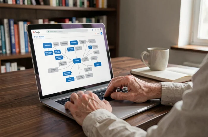 Gros plan sur un écran d'ordinateur affichant un outil de création de sitemap avec une structure arborescente de pages web dans un bureau à domicile