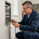Électricien qualifié inspectant un tableau électrique résidentiel avec un multimètre professionnel