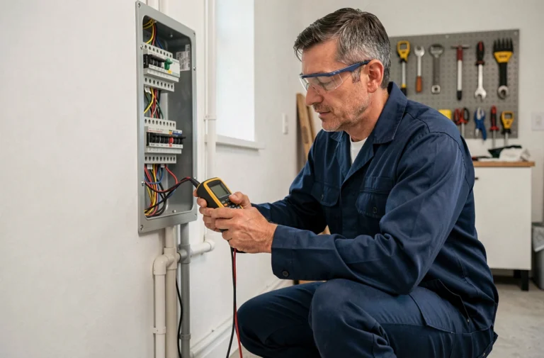 Électricien qualifié inspectant un tableau électrique résidentiel avec un multimètre professionnel