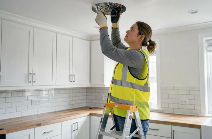 Électricienne professionnelle installant un luminaire au plafond dans une cuisine moderne lors de travaux de rénovation