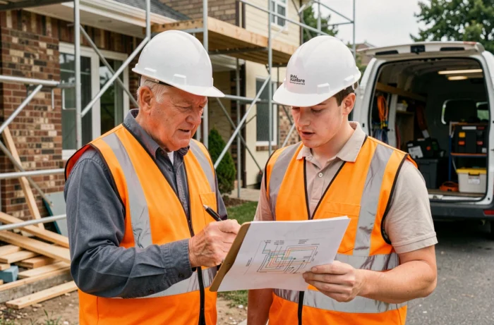 Deux électriciens examinant un plan de câblage électrique devant une maison en cours de rénovation