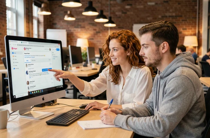 Deux collègues consultant un email de réinitialisation de mot de passe Instagram sur un ordinateur de bureau dans un espace de co-working