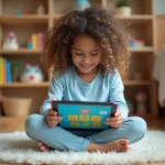 Jeune fille concentrée jouant à un jeu éducatif en ligne sur une tablette dans sa chambre
