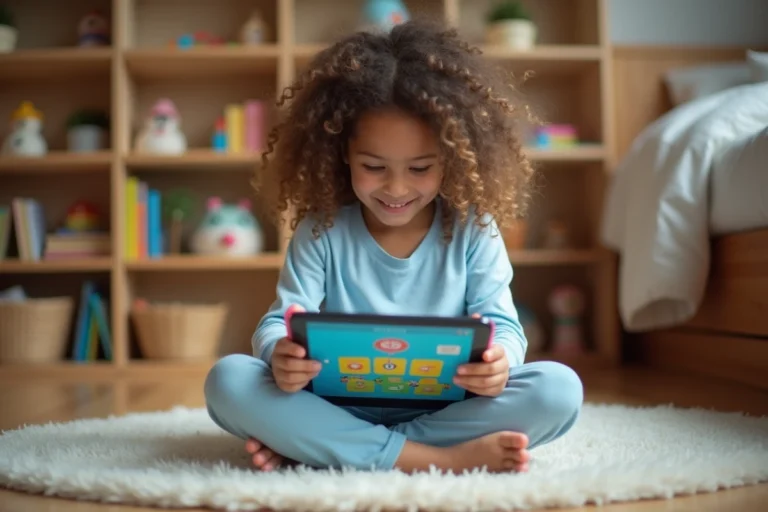 Jeune fille concentrée jouant à un jeu éducatif en ligne sur une tablette dans sa chambre