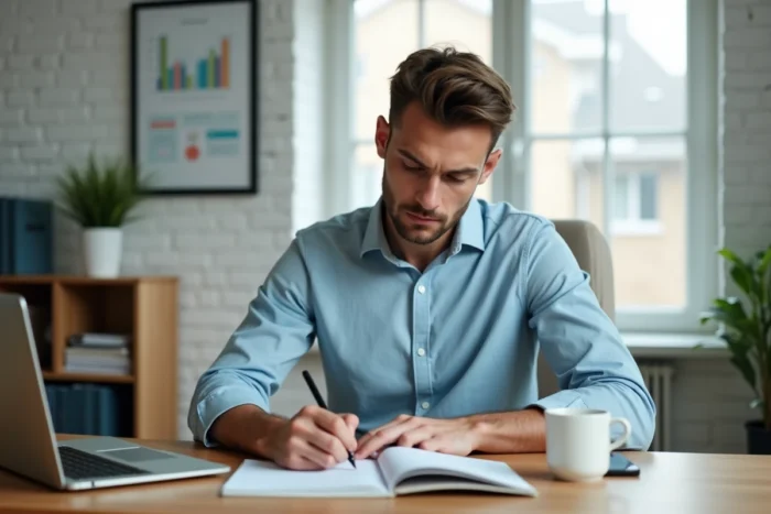 Jeune entrepreneur concentré prenant des notes dans son bureau à domicile devant un tableau de bord business