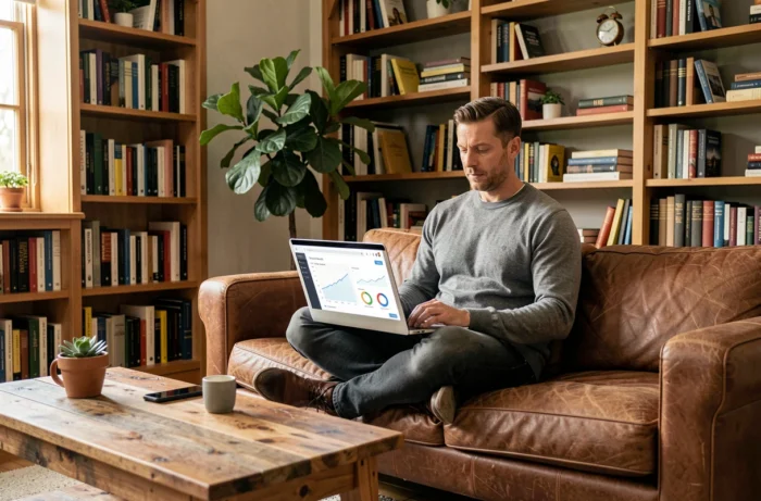Homme entrepreneur gérant son activité depuis un espace business dédié à domicile