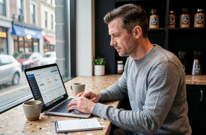 Entrepreneur travaillant sur une campagne de marketing digital depuis un café urbain avec un ordinateur portable