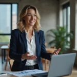 Entrepreneuse innovante dans un espace de coworking moderne discutant de solutions business avec un ordinateur portable ouvert