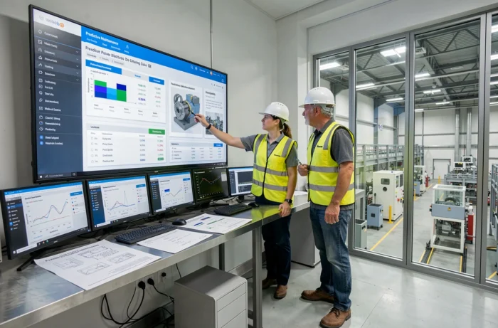 Équipe d'ingénieurs analysant un tableau de bord de maintenance prédictive dans une salle de contrôle industrielle