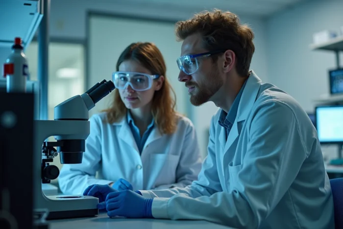 Deux jeunes chercheurs collaborant autour d'un microscope électronique dans une salle blanche de recherche avancée