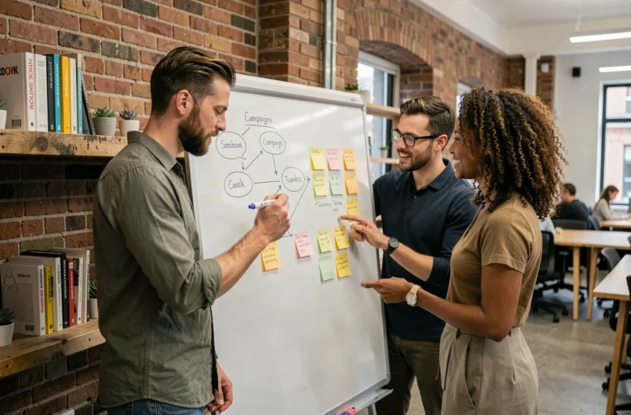 Équipe marketing collaborant autour d'un tableau blanc pour élaborer une stratégie digitale dans un espace de coworking