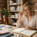 Femme estimant son budget décoration intérieure avec des échantillons de tissu et notes manuscrites sur un bureau en bois