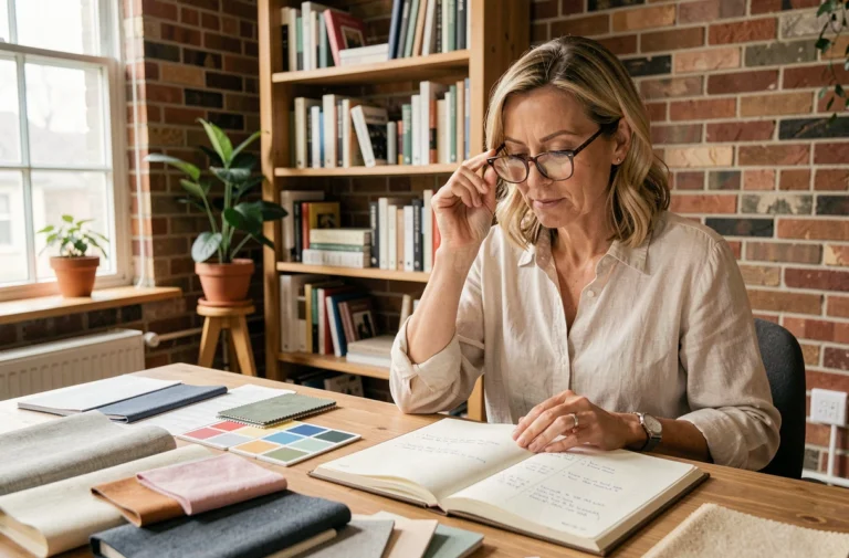 Femme estimant son budget décoration intérieure avec des échantillons de tissu et notes manuscrites sur un bureau en bois