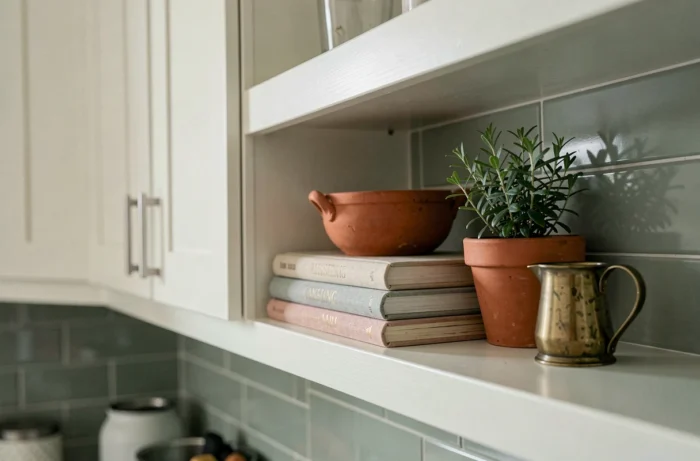 Étagère de cuisine stylisée avec objets artisanaux en céramique, laiton et lin pour une décoration intérieure raffinée