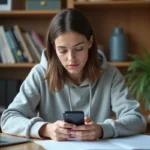Étudiante configurant son mail académique de Strasbourg sur smartphone Android dans un appartement étudiant