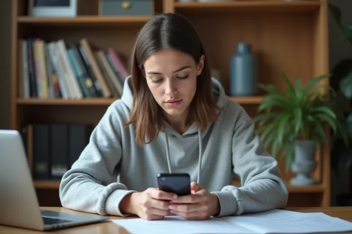 Étudiante configurant son mail académique de Strasbourg sur smartphone Android dans un appartement étudiant