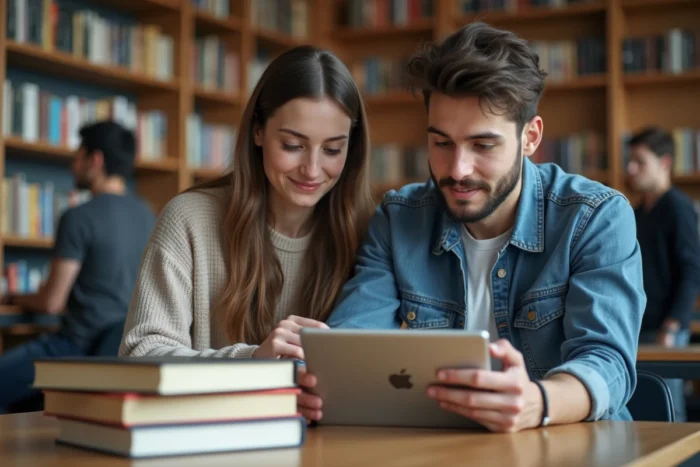Deux étudiants consultant les étapes d'installation du mail académique de Strasbourg sur tablette dans une bibliothèque universitaire