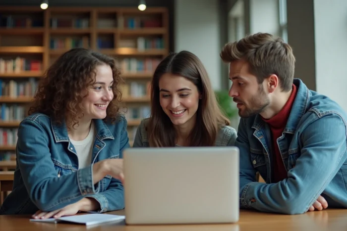 Étudiants en journalisme analysant des sources numériques et pratiquant le fact-checking en bibliothèque