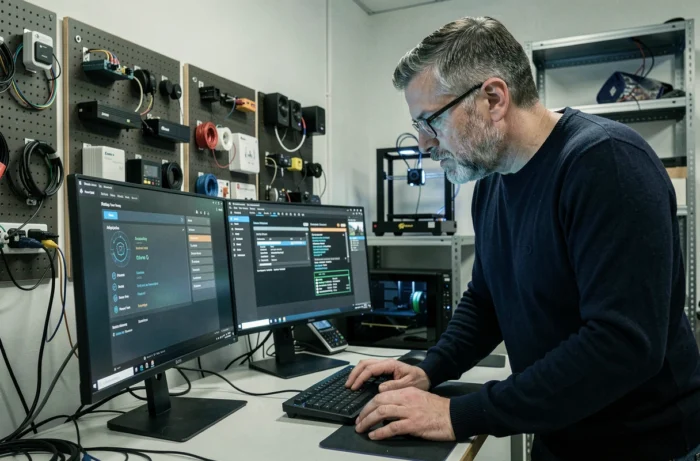 Homme expert en informatique analysant des données de cybersécurité sur plusieurs écrans dans un laboratoire tech