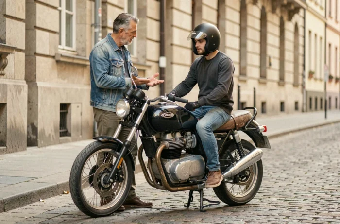 Homme expliquant les règles passagers moto à un autre conducteur en ville