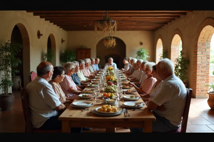 Rassemblement familial colombien dans une hacienda traditionnelle, illustrant la vie de famille et les proches de Pablo Escobar